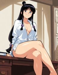 1girls ai_generated bare_legs barefoot bottomless breasts cleavage close-up crossed_legs female gyakuten_saiban legs maya_fey no_bra no_panties nude_underneath sexually_suggestive shiny_skin shirt_only sitting_on_desk smile smiling smug smug_face solo solo_female suggestive suggestive_look suggestive_pose