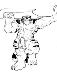 anthro black_eyes buff feline fur furry grisser male male_only muscles patch solo sword tiger weapon