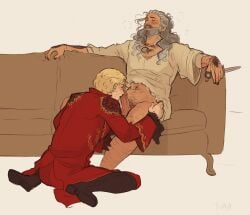 2boys 2males bara barazoku beard black_fingernails black_nail_polish blackbeard blonde_hair blowjob blush breath_cloud cat_bell cat_collar couch_sex couch_sitting dagger edward_teach evestardrop fancy_clothing fellatio gay gay_sex hairy hairy_male head_thrown_back head_tilt head_tilted_back hip_grab holding_dagger holding_knife kissing_penis knife male_only nose_on_penis our_flag_means_death pleasure_face precum precum_drip precum_on_penis red_suit sack salt_and_pepper_hair sofa sofa_sex stede_bonnet tattoos tukinky wavy_hair yaoi