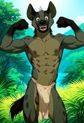 abs ai_generated anthro anthro_male balls banzai_(the_lion_king) biceps big_balls black_eyes blush bulge flexing_arms furry gay hyena loincloth looking_at_viewer male male_only muscular muscular_male nipples nude_male open_mouth pecs safari smile toned_body toned_male twall97