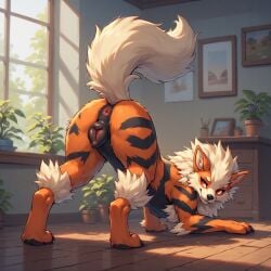 ai_art ai_generated animal_genitalia anus arcanine canid canine canine_genitalia canine_pussy female feral feral_only generation_1_pokemon looking_at_viewer looking_back mammal orange_body orange_fur pokemon pokemon_(species) pussy