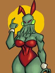 alien alien_girl alien_humanoid ben_10 big_breasts breasts bunny_ears bunnysuit cephalopod cephalopod_humanoid chimera_sui_generis green_skin leotard myaxx red_eyes red_leotard redartist strapless_leotard tentacle