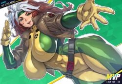 abs animification bodysuit brown_hair colored_bangs covered_nipples curvy female flying gameplay_mechanics green_bodysuit green_eyes green_headband huge_breasts leather leather_jacket lips looking_at_viewer marvel marvel_rivals muscular_female mvp navel neolurker parted_bangs puffy_nipples reaching_towards_viewer rogue_(marvel_rivals) rogue_(x-men) salute skin_tight smile solo superhero_costume thick_thighs toned two-tone_bodysuit two-tone_hair user_interface wavy_hair white_hair white_outline wide_hips x-men x_(symbol) yellow_bodysuit yellow_boots yellow_gloves