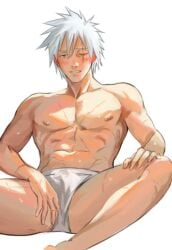 1boy abs blush boxer_briefs bulge chest_hair erection erection_under_clothes feet_out_of_frame gay grey_hair hatake_kakashi kakashi_hatake looking_at_viewer male male_focus male_only male_underwear naruto naruto_(series) naruto_shippuden navel nipples one_eye_closed pectorals scar scar_across_eye short_hair siinnk sitting solo spread_legs stomach sweat thighs topless_male underwear white_male_underwear