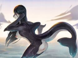 2022 adjusting_hair anthro ass black_body black_hair breasts cetacean cloud day delphinoid devergilia digital_media_(artwork) female fin genitals hair looking_at_viewer mammal marine nipples nude oceanic_dolphin orca outside pussy side_view smile solo toothed_whale water wet white_body