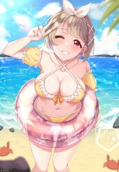 beach big_breasts bikini blush brown_hair female_only linatai love_live! love_live!_nijigasaki_high_school_idol_club nakasu_kasumi red_eyes v yellow_bikini