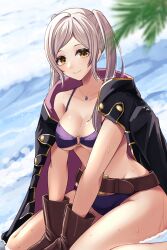 1girls absurdres alternate_costume bare_shoulders beach belt bikini blurry breasts brown_eyes brown_gloves cleavage coat depth_of_field female fire_emblem fire_emblem_awakening fire_emblem_heroes gloves grey_hair groin highres jewelry large_breasts long_hair long_sleeves necklace nintendo o-ring o-ring_bikini official_alternate_costume palm_tree purple_bikini purple_swimsuit reia_hana robe robin_(female)_(summer)_(fire_emblem) robin_(fire_emblem) robin_(fire_emblem)_(female) sitting smile solo swimsuit tree twintails underboob wariza water