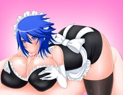 aqua_(kingdom_hearts) blue_eyes blue_hair blush breasts cleavage clothed_paizuri cum cum_in_mouth cum_on_breasts disney fellatio femsub hi_res kingdom_hearts kingdom_hearts_birth_by_sleep large_ass large_breasts maid maledom neo-izayoi nintendo paizuri revision thick_thighs thighhighs wide_hips