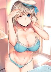 big_breasts blue_bra blue_eyes blue_panties blush bra breasts grey_hair kamishiro_ryuu love_live! love_live!_sunshine!! panties watanabe_you