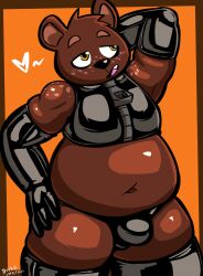 2023 anthro bear belly big_belly big_bulge black_clothing black_crop_top black_legwear black_nose black_panties black_pupils black_topwear black_underwear blush border brown_body brown_border brown_fur bulge clothing cute_fangs felino freckles front_view fur half-closed_eyes hand_on_head hand_on_hip heart hi_res kobe_bear latex_crop_top latex_legwear latex_topwear legwear looking_away looking_up male mammal narrowed_eyes open_mouth orange_eyes overweight overweight_anthro overweight_male panties pupils smile smirk spots spotted_body spotted_fur tan_body tan_fur tan_inner_ear tan_spots thick_thighs tight_clothing topwear underwear zipper