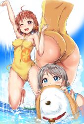 2girls blue_eyes blush female female_only grey_hair kamishiro_ryuu love_live! love_live!_sunshine!! one-piece_swimsuit orange_hair red_eyes shiitake_(love_live!_sunshine!!) swimsuit takami_chika watanabe_you