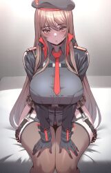 1girls 2022 2d 2d_(artwork) amber_eyes ammunition belt beret big_breasts big_thighs black_clothing blonde_female blonde_hair blush blush_lines breasts carcass_(artist) child_bearing_hips clothed curvaceous curves curvy curvy_body curvy_female curvy_figure female female_focus female_only fully_clothed gloves goddess_of_victory:_nikke hands_on_thighs hi_res highres hips huge_breasts huge_thighs large_breasts large_thighs light-skinned_female light_skin long_hair looking_at_viewer military military_hat military_uniform pouches rapi_(nikke) red_tie sitting sitting_on_bed solo stockings suit suit_and_tie thick_thighs thigh_gap tie wide_hips