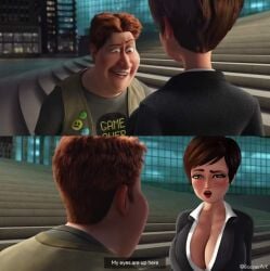 1boy 1girls big_breasts breasts brown_hair business_suit cleavage clothed clothed_female clothed_male detailed_background dialogue dreamworks edit english english_text female fully_clothed hal_stewart huge_breasts lipstick looking_at_breasts male massive_breasts megamind meme red_hair red_lipstick rocner roxanne_ritchi short_hair stairs staring staring_at_breasts text tighten