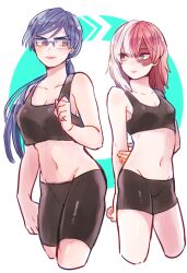 2girls athletic female female_only female_todoroki glasses long_hair multiple_girls my_hero_academia rule_63 shorts shouto_todoroki sports_bra sportswear tenya_iida tight_clothing two_tone_hair