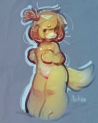 animal_crossing anthro breasts canid canine canis domestic_dog female fur genitals hair isabelle_(animal_crossing) mammal nintendo nude panken ponytail pussy side_ponytail solo standing video_games yellow_body yellow_fur