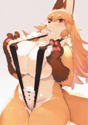 1girls anthro big_breasts bikini_pull blush canine countershading female female_only fur furry furry_only hi_res kemono kishibe long_hair looking_at_viewer orange_fur orange_hair pawpads red_eyes sling_bikini solo solo_female thick_thighs wolf_ears wolf_tail yuio_maid_dress