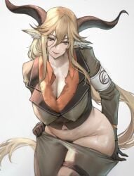 1girls animal_ear_fluff animal_ears arknights armband belly belly_button big_breasts blonde_hair boingoo breasts busty cleavage closed_mouth collarbone curvaceous curvy degenbrecher_(arknights) erected_nipples eyebrows_visible_through_hair female female_only female_pubic_hair gigantic_breasts gloves goat_ears goat_girl goat_horns hair_between_eyes half-closed_eyes hanging_breasts horns horny huge_breasts large_breasts light-skinned_female light_skin long_hair long_sleeves looking_at_viewer low-tied_long_hair massive_breasts midriff military_uniform naughty_face no_panties pants_pull pubic_hair pulled_by_self seductive seductive_look seductive_pose seductive_smile shiny_skin shirt sidelocks simple_background smile solo stomach sweat thick_legs thick_thighs thighs undressing voluptuous white_background wide_hips yellow_eyes