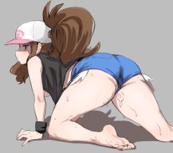 1girls 2022 ass awesomeerix back_view bare_legs barefoot blue_eyes booty_shorts brown_hair feet female female_only hilda_(pokemon) jean_shorts large_ass light-skinned_female light_skin long_hair nintendo pokemon pokemon_bw short_shorts shorts soles