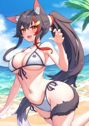 :d animal_ears beach bikini black_choker black_hair blue_sky breasts cheeky choker claw_pose cloud cute day deaver female foot_up hair_ornament highres hololive hololive_gamers hololive_japan large_breasts long_hair multicolored_hair navel ocean oerba_yun_fang ookami_mio open_mouth orange_eyes outdoors pendant_choker perfect_body pony red_hair side-tie_bikini_bottom sidelocks skindentation sky small_waist smile solo stomach streaked_hair swimsuit tail thigh_strap thin_waist very_long_hair virtual_youtuber wet white_bikini wide_hips wolf_ears wolf_girl wolf_tail