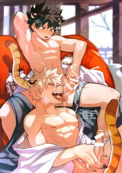 2boys animal_ears bar_censor blonde_hair censored cum ejaculation facial fingernails freckles green_hair handsfree_ejaculation highres izuku_midoriya katsuki_bakugou kemonomimi male_focus multiple_boys multiple_penises my_hero_academia nipples nude open_mouth penis red_eyes sharp_fingernails sitting spiked_hair spiky_hair tail tongue tongue_out yaoi yazakc yazaki_(yazakc)