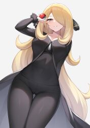 1girls black_pants blonde_hair breasts coat cynthia_(pokemon) grey_eyes hair_ornament highres holding holding_poke_ball huge_breasts long_hair looking_at_viewer nintendo one_eye_closed pants pokemon simple_background solo standing thighs very_long_hair white_background zhi_jiyang