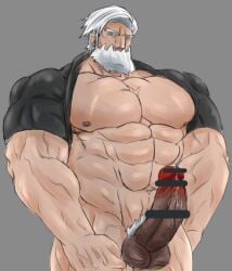 balls bara beard big_balls big_penis boner censored_penis clover19160 drayden erection facial_hair game_freak gay male male_only muscles muscular nintendo npc_trainer penis pokemon precum shirt_pulled_behind_neck solo solo_male white_hair