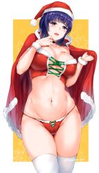 asaka_karin blue_eyes blue_hair blush christmas christmas_outfit kamishiro_ryuu large_breasts legwear looking_at_viewer love_live! love_live!_nijigasaki_high_school_idol_club open_mouth panties santa_hat white_legwear