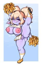 1girls areolae blonde_hair blush cheerleader cheerleader_uniform female female_only humanoid league_of_legends leg_hold legs_up marshort nipples no_panties pointy_ears poppy purple_eyes purple_skin pussy riot_games shortstack skirt smaller_female solo solo_female standing_on_one_leg sweat sweatdrop thick_thighs twintails yordle