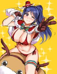 big_breasts bikini blue_hair breasts christmas christmas_outfit kamishiro_ryuu love_live! love_live!_sunshine!! matsuura_kanan ponytail purple_eyes red_bikini