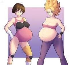 2girls arawaffle belly big_belly big_breasts black_hair blonde_hair breasts caulifla cleavage dragon_ball dragon_ball_super dragon_ball_z female female_only female_saiyan multiple_girls multiple_pregnancies pregnant saiyan seripa super_saiyan_2 yellow_hair