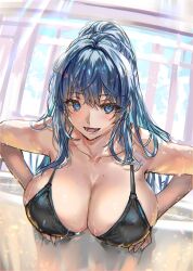 bare_arms bare_shoulders bathtub beauty_mark bikini bikini_top black_bikini blue_eyes blue_hair blush breasts cleavage huge_breasts large_breasts looking_at_viewer mole mole_on_breast open_mouth original rannou smile wet wet_body wet_skin window