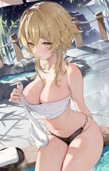 2022 belly belly_button bewitching_thighs big_breasts blonde_hair blush blushing detailed_background eyebrows_visible_through_hair female female_only genshin_impact heavy_blush hi_res hot_spring houk1se1 houkiboshi_(mmjw7432) light-skinned_female lumine_(genshin_impact) onsen open_mouth panties plants rope shiny_hair shiny_skin small_top thick_thighs towel water wet_body wet_clothes wet_skin wood yellow_eyes