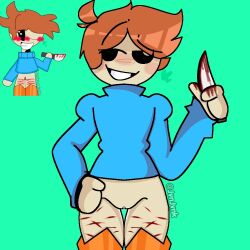 cuntboy cuts dave_and_bambi_mod david_(grantare) intersex knife light_skin no_panties no_pants pussy redraw self_harm shirt short_hair smiling solo standing uncensored