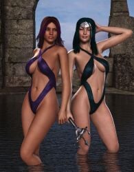 2girls amber_eyes blonde_hair bocas_top female female_only furbs3d green_hair looking_at_viewer multicolored_hair original original_characters purple_eyes purple_hair standing_in_water swimsuit trident