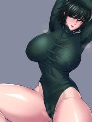 1girls absurd_res armpits arms_up bangs belly belly_button big_breasts blush bob_cut breasts busty cameltoe clothed clothes clothing covered_pussy curvaceous curvy curvy_body curvy_female curvy_figure dark_green_hair eyebrows eyelashes female female_focus female_only fringe fubuki_(one-punch_man) green_eyes green_hair grey_background groin highres hips hourglass_figure huge_breasts human human_only humanoid large_breasts legs leotard light-skinned_female light_skin lips lipstick long_sleeves looking_away medium_hair midriff navel nipple_bulge nipples nipples_visible_through_clothing one-punch_man open_mouth pink_lips pink_lipstick plump_camel_toe plump_labia shiny_skin shiva_(tairakuten) short_hair sitting slim slim_waist smile smiling solo solo_female solo_focus steam steaming_body stomach thick thick_legs thick_thighs thighs thin_waist thunder_thighs tight_clothing toned toned_body toned_female toned_stomach turtleneck voluptuous waist wide_hips