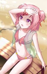 1girls arm_up brolymatsumoto_(artist) doki_doki_literature_club female natsuki_(doki_doki_literature_club) open_mouth open_mouth pink_eyes pink_hair pink_swimsuit solo swimsuit