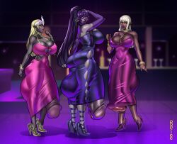 3futas balls big_breasts blonde_hair breasts cleavage clothed clothing crown dark-skinned_futanari dark_skin dress drowtales erection flaccid full_body futa_only futanari grey_skin huge_breasts humanoid humanoid_penis hyper hyper_balls hyper_penis long_hair mostly_clothed penis pop-leex purple_hair standing thick_thighs white_hair wide_hips