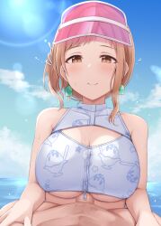 1boy 1girls blonde_hair brown_eyes earrings idolmaster idolmaster_shiny_colors kata2yama light-skinned_female light-skinned_male light_skin paizuri paizuri_under_clothes sakuragi_mano smiling_at_viewer