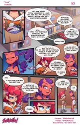 2020 2girls apron apron_only asipelli_(the_other_half) blue_eyes comic english_text female horns multiple_girls nera_(the_other_half) page_53 patreon_username purple_hair red_hair scrawled shorts speech_bubble tagme text the_other_half twitter_username