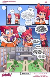 2girls asipelli_(the_other_half) blue_eyes cleavage comic english_text female horns multiple_girls nera_(the_other_half) page_55 patreon_username purple_hair red_hair scrawled speech_bubble tagme tentacle text the_other_half twitter_username