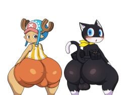 2022 anthro antlers ass atlus backsack balls big_ass big_butt black_body black_fur blue_eyes blush capreoline cervid clothed clothing digital_media_(artwork) domestic_cat duo felid feline felis fur genitals hat headgear headwear hi_res horn katze-zucker katze_zucker kerchief looking_at_viewer looking_back male male_focus male_only mammal mask megami_tensei megami_tensei_persona morgana_(persona) one_piece open_mouth reindeer simple_background tony_tony_chopper video_games white_background