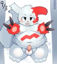 absurd_res anthro balls belly blep blush claws erection fupa fur generation_3_pokemon genitals hi_res male navel nintendo nipples overweight penis pokemon pokemon_(species) solo tapering_penis tongue tongue_out video_games white_body white_fur zangoose zanzan_(artist)