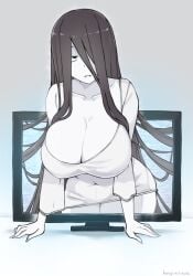 1girls black_hair ghost kurage_shokushu large_breasts long_hair pale-skinned_female pale_skin solo solo_female television the_ring umitsuki_(kurage_no_shokushu) white_background wide_hips yamamura_sadako