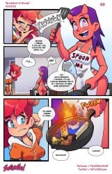 2020 2girls apron apron_only asipelli_(the_other_half) ass blue_eyes comic demon_girl english_text female frying_pan horns multiple_girls nera_(the_other_half) page_49 patreon_username purple_hair purple_tongue red_hair scrawled shorts speech_bubble tagme text the_other_half twitter_username