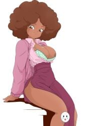 1girls afro areola_slip areolae big_breasts bra breast_slip breasts brown_eyes brown_hair caisama cleavage clothing dark-skinned_female dark_skin dragon_ball dragon_ball_super dragon_ball_super_super_hero janet_(dragon_ball) long_skirt looking_at_viewer looking_down nipples on_desk shirt simple_background skirt solo teacher thick_thighs undressing watermark white_background