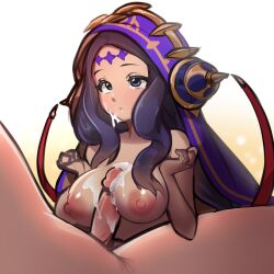 1boy 1girls black_hair blue_eyes blush cum cum_on_breasts cum_on_face cygames dark-skinned_female dark_skin dragalia_lost hood interracial lewdishsnail light-skinned_male light_skin long_hair looking_at_partner nintendo nipples nude open_mouth paizuri tattoo titfuck titjob verica