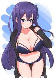 1girls blue_bra blue_panties blush blush bra doki_doki_literature_club female looking_at_viewer mizumori panties purple_eyes purple_hair smile smiling smiling_at_viewer solo yuri_(doki_doki_literature_club)