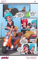 2girls atti_(the_other_half) blue_eyes blue_hair brown_eyes comic english_text female helmet moped motorcycle_helmet multiple_girls nera_(the_other_half) page_3 patreon_username red_hair scrawled shorts speech_bubble tagme text the_other_half twitter_username