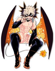 abs blonde_hair boots censored cum cum_on_body cum_on_hands demon_boy demon_horns demon_tail demon_wings erection eye_mask facial heart heart_censor high_heels horns katsuki_bakugou male_focus male_only my_hero_academia penis red_eyes solo spiked_hair spiky_hair tail testicles thighhighs white_background wings yazakc yazaki_(yazakc)