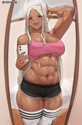 1girls :d abs absurdres animal_ears arm_behind_head armpits bangs big_breasts black_shorts blush breasts cleavage collarbone cowboy_shot cromwellb dark-skinned_female dark_skin female highres holding holding_phone large_breasts long_eyelashes long_hair looking_at_viewer mirror mirror_selfie miruko muscular muscular_female my_hero_academia navel open_mouth parted_bangs phone rabbit_ears rabbit_girl red_eyes reflection rumi_usagiyama selfie short_shorts shorts smile solo solo_female tagme teeth thighhighs thighs toned twitter_username upper_teeth_only white_hair white_thighhighs